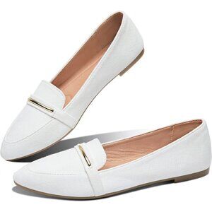 Obtaom Women's White Faux Leather Pointed Toe Slip On Loafer Ballet Flat